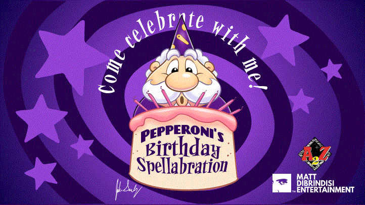 Logo for Pepperoni's Birthday Spellabration and the logos for Matt Dibrindisi Entertainment and A2Z Science and Learning Store